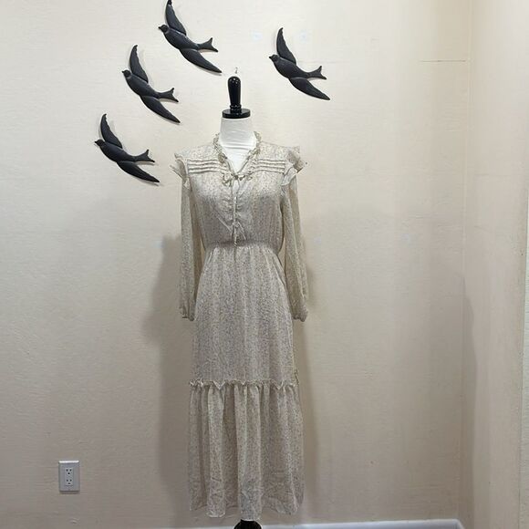 OPT Floral Tiered Ruffle Midi Dress Neutral Gold Prairie BOHO Floral, Size M